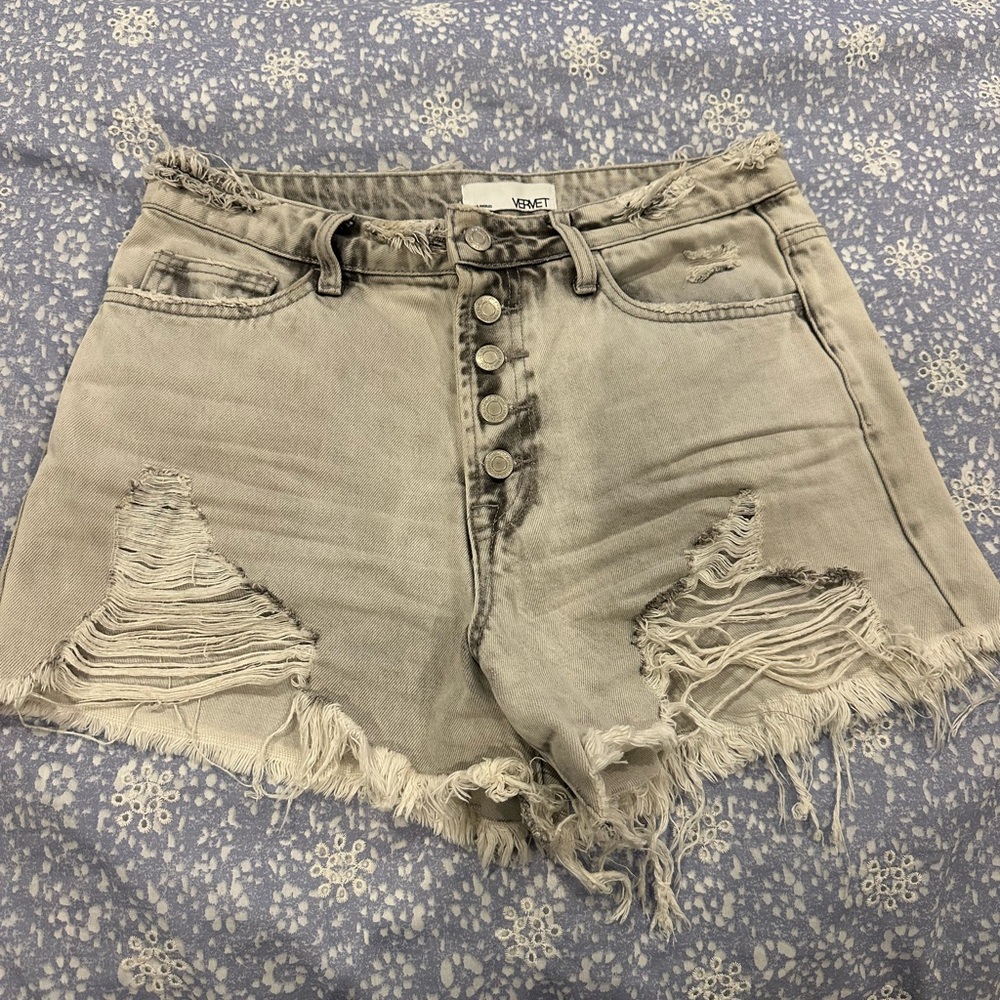Vervet by Flying Monkey Gray Jean Shorts Distressed Frayed Hem